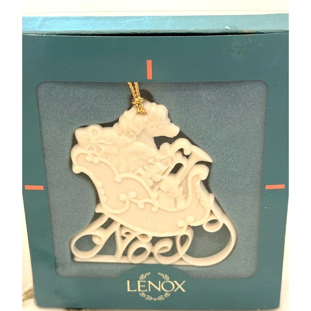 2 Vintage Lenox Christmas Ornaments Holiday Wishes Noel & Gold Train